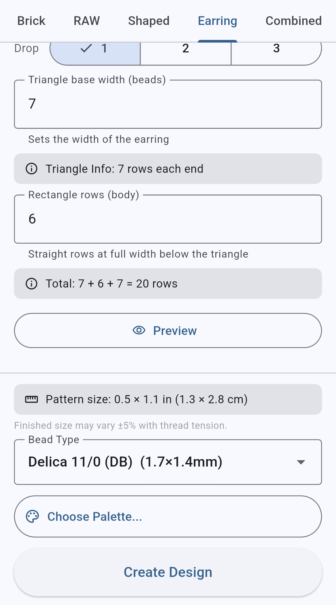 Setting the pattern size and bead type