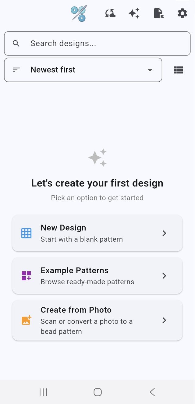 Bead Works app start screen showing New Design, Example Patterns, and Create from Photo options